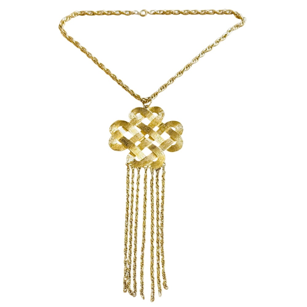 VTG Runway Regal Paisley Love Knot Necklace Satin Gold Tone Bold Chunky Tassel